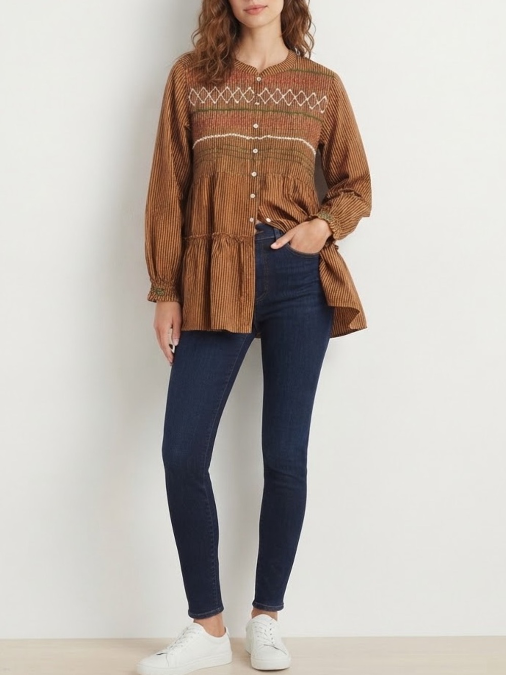 Lily Star Rust-Striped Tiered Button-Down Tunic